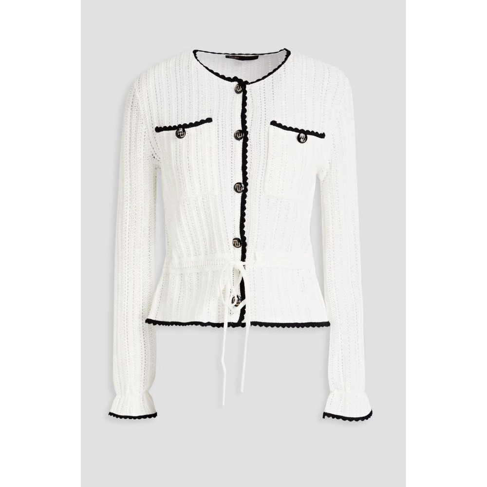 Maje Mobelly Scalloped Pointelle Knit Cardigan White‎ Black Tie Sweater 1/S